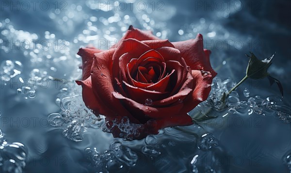 Close-up of a red rose with water droplets on a dark reflective surface, symbolizing love AI generated