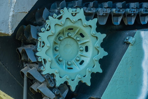 Closeup of tracks and sprocket wheel on LVT3C amphibious armored personnel carrier