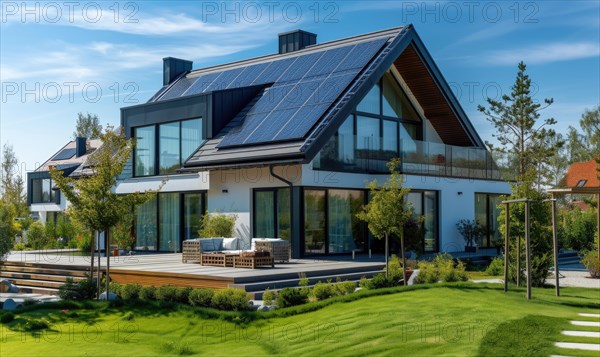 Modern house with solar panels installed on the roof. Modern house with solar panels installed on the roof AI generated