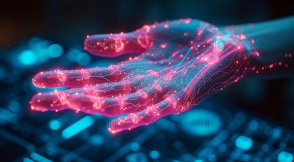 A digital representation of a hand with holographic neon lights and cyber technology theme, AI generated