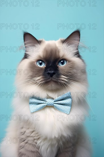 Ragdoll cat with bowtie on blue background. KI generiert, generiert AI generated