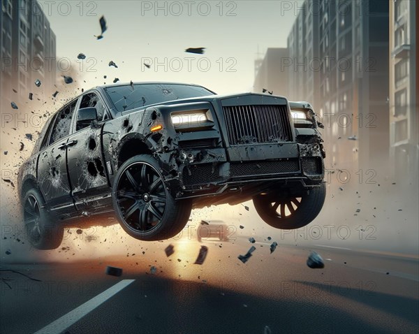 A black SUV being attacked and crashing on an urban road, debris flying through the air, AI generated