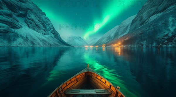 A lone rowboat on calm waters under the green glow of the aurora borealis with snowy cliffs around, AI generated