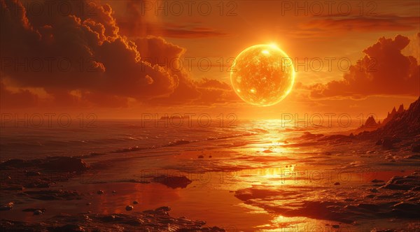 A vast alien seascape with a large sun setting on the horizon under a cloudy sky, AI generated