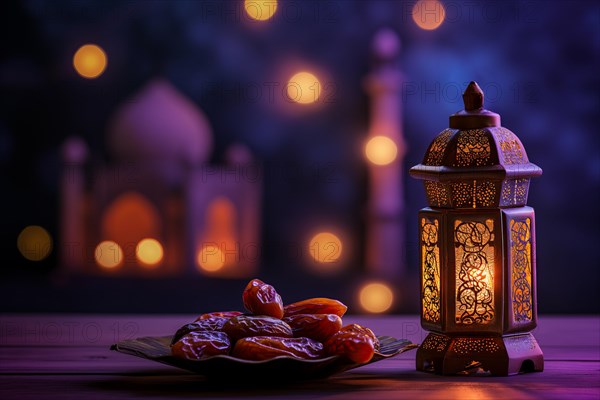 Ramadan lantern to a plate of succulent figs in violet purple tones with mosque, set on an ornate table with intricate designs. Rich traditions and serene moments of the holy month Ramadan, AI generated