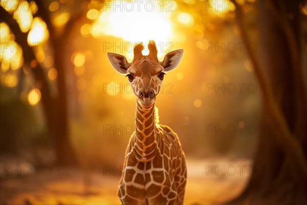 Baby giraffe standing amidst the golden rays of the setting sun, surrounded by nature s beauty, AI generated