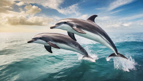 AI generated, animal, animals, mammal, mammals, biotope, habitat, two, foraging, wildlife, dolphin, elfine, dolphin, dolphins (Delphinidae) (Delphinus delphis), sideways