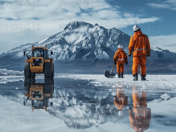 Lithium mining in a white salt lake in South America, AI generated