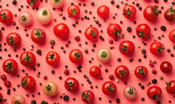 Red cherry tomatoes and black peppercorns pattern on a pink background AI generated