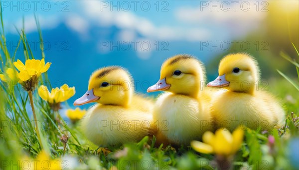 KI generated, animal, animals, bird, birds, biotope, habitat, one, single animal, foraging, wildlife, duck, ducks, domestic duck, female, (Anas platyrhynchos) white, white, yellow ducklings, young animals, animal children, two, three, four, white duck mother with yellow chicks, excursion, water, meadow, grass, spring, summer, flowers, pond, swimming, sitting, farm animal, domestic animal