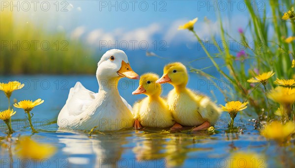 KI generated, animal, animals, bird, birds, biotope, habitat, one, single animal, foraging, wildlife, duck, ducks, domestic duck, female, (Anas platyrhynchos) white, white, yellow ducklings, young animals, animal children, two, three, four, white duck mother with yellow chicks, excursion, water, meadow, grass, spring, summer, flowers, pond, swimming, sitting, farm animal, domestic animal