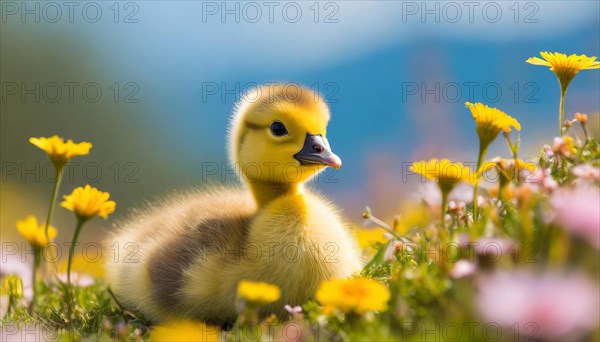 AI generated, animal, animals, bird, birds, biotope, habitat, one, individual, foraging, wildlife, goose, domestic goose, domestic geese, (Anser anser), female, gosling, gosling, yellow gosling, swim, pond, body of water, water, lie, meadow, flowers, summer, two, three, four, pet, domestic animals, farm animal, farm animals