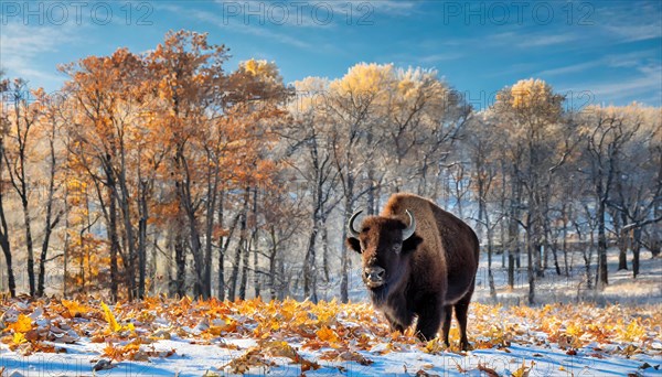 AI generated, animal, animals, mammal, mammals, biotope, habitat, one, individual, foraging, wildlife, bison, North America, Buffalo, wild cattle, (Bison bonasus), autumn, autumn leaves, early winter, snow