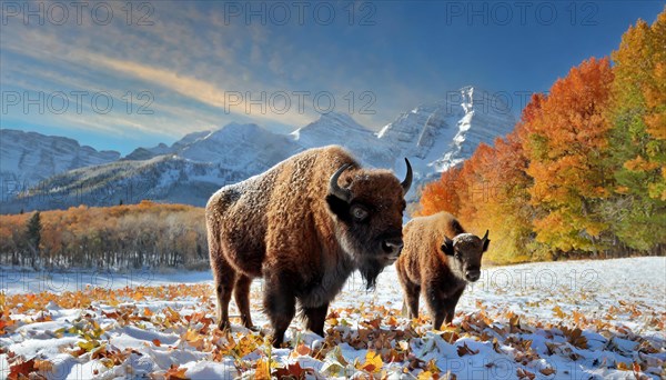 AI generated, animal, animals, mammal, mammals, biotope, habitat, two, bison, calf, autumn, onset of winter, snow, foraging, wildlife, North America, buffalo, wild cattle, (Bison bonasus)