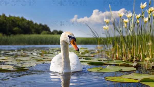 Ai generated, animal, animals, bird, birds, biotope, habitat, one, individual, swims, waters, reeds, water lilies, blue sky, foraging, wildlife, white, white swan, swans, mute swan (Cygnus olor), summer, seasons, sideways