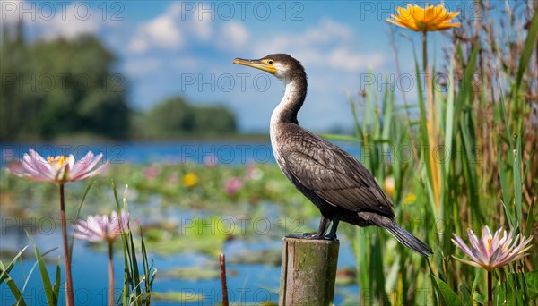 Ai generated, animal, animals, bird, birds, biotope, habitat, a, single animal, stands on pole, waters, reeds, water lilies, blue sky, foraging, wildlife, summer, seasons, great cormorant (Phalacrocorax carbo)