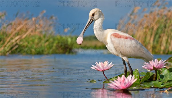 Ai generated, animal, animals, bird, birds, biotope, habitat, one, individual, swims, waters, reeds, water lilies, blue sky, foraging, wildlife, summer, seasons, spoonbill, roseate spoonbill, (Platalea ajaja, Syn: Ajaja ajaja), occurrence: Texas and Louisiana