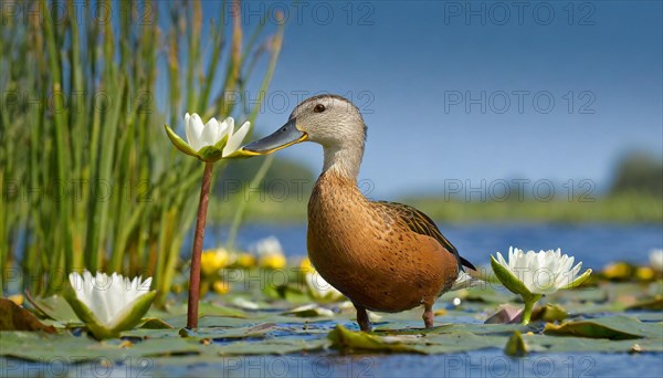 KI generated, animal, animals, bird, birds, biotope, habitat, a, individual, swims, water, reeds, water lilies, blue sky, foraging, wildlife, summer, seasons, northern shoveler (Spatula clypeata), female