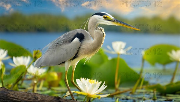 KI generated, animal, animals, bird, birds, biotope, habitat, one, individual, water, reed, winter, snow, blue sky, foraging, wildlife, seasons, heron, little blue heron (Egretta caerulea), Florida, Mexico, Central America