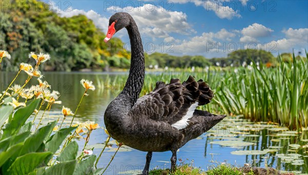 Ai generated, animal, animals, bird, birds, biotope, habitat, a, individual, swims, waters, reeds, water lilies, blue sky, foraging, wildlife, summer, seasons, black swan (Cygnus atratus), Black Swan