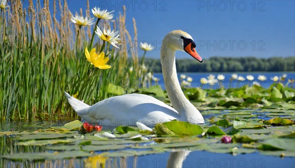 KI generated, animal, animals, bird, birds, biotope, habitat, a, individual, winter, ice, snow, water, reeds, blue sky, foraging, wildlife, seasons, mute swan (Cygnus olor)