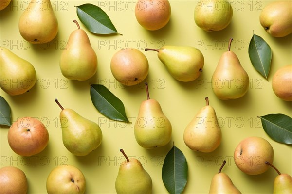 Top view of pear fruits on yellow background. KI generiert, generiert AI generated