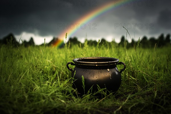 St. Patrick's day pot of gold on meadow with rainbow in background. KI generiert, generiert AI generated