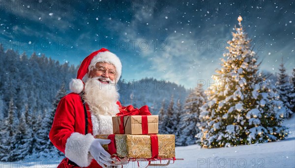 AI generated, man, 70+, Father Christmas, red coat, backpack, full beard, winter, snow, ice, fir trees, snowy, snowflakes, winter landscape, Christmas hat, costume, clothes, colourful, colourful presents, packages, nice teeth, smiles, friendly, Christmas, evening, night shot, winter forest