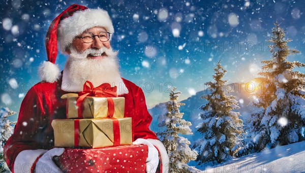 AI generated, man, 70+, Father Christmas, red coat, backpack, full beard, winter, snow, ice, fir trees, snowy, snowflakes, winter landscape, Christmas hat, costume, clothes, colourful, colourful presents, packages, nice teeth, smiles, friendly, Christmas, evening, night shot, winter forest