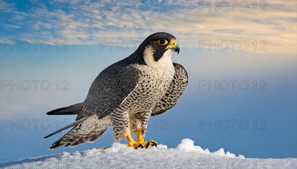 KI generated, animal, animals, bird, birds, biotope, habitat, one, individual, stands, snow, ice, winter perch, summer, peregrine falcon (Falco peregrinus) blue sky