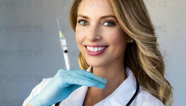 AI generated, RF, woman, woman, doctor, female doctor, 25, 30, years, attractive, attractive, doctor's office, holds a syringe in her hand, disposable syringe, flu shot, corona, pneumococcal, prevention, health, blonde, blonde, beautiful teeth, long hair