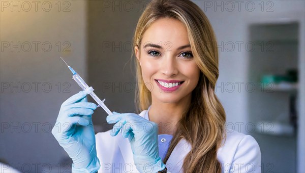 AI generated, RF, woman, woman, doctor, female doctor, 25, 30, years, attractive, attractive, doctor's office, holds a syringe in her hand, disposable syringe, flu shot, corona, pneumococcal, prevention, health, blonde, blonde, beautiful teeth, long hair