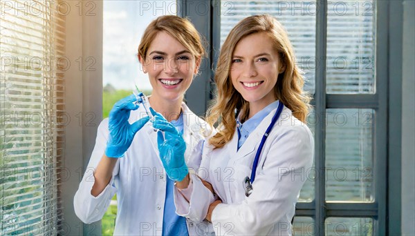 Ai generated, RF, woman, woman, man, men, doctor, female doctor, two, 30-35, years, attractive, attractive, doctor's office, holds a syringe in her hand, disposable syringe, flu shot, corona, pneumococcal, prevention, health, blond, blonde, blonde, beautiful teeth, long hair, two people