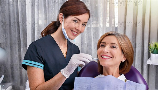 AI generated, dentist treats a middle-aged woman, dentist, blonde, 30, 35, years, dental treatment, follow-up, patient, AI generated