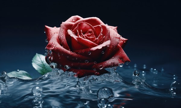 Red rose with water droplets against a dark background, symbolizing romance and freshness AI generated