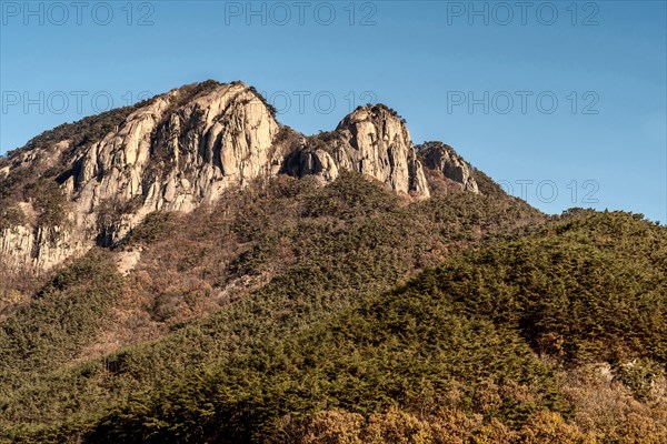 Landscape of tree cover mountain with peak of granite set against clear blue sky in South Korea