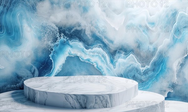 White marble podium and blue marble texture background. White marble podium and blue geode textured background AI generated