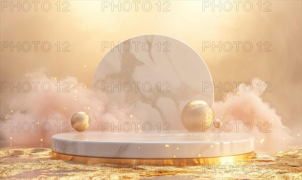 Podium for product presentation. Abstract background with empty round stage with gold decoration and rose quartz AI generated