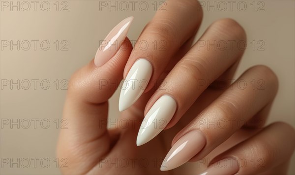 Female hands with beige nail design. Nail polish manicure AI generated