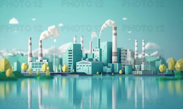 Industrial landscape with factories and green plants AI generated