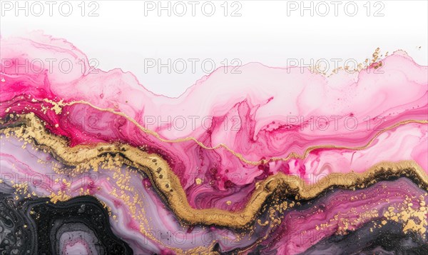 Black, pink, white and gold abstract background. Marbling artwork texture. Rose quartz ripple pattern. Gold powder AI generated