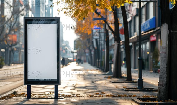 Blank street billboard on city street. Mock up of vertical advertising stand in the street AI generated