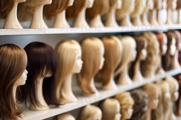 Rows of different woman's wigs in shop. KI generiert, generiert AI generated