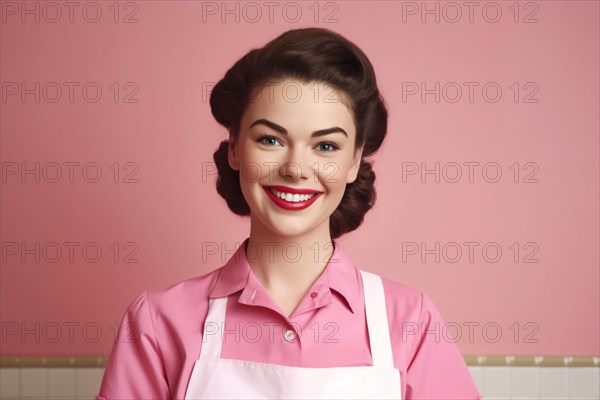 Smiling traditional retro style housewife with apron. KI generiert, generiert AI generated