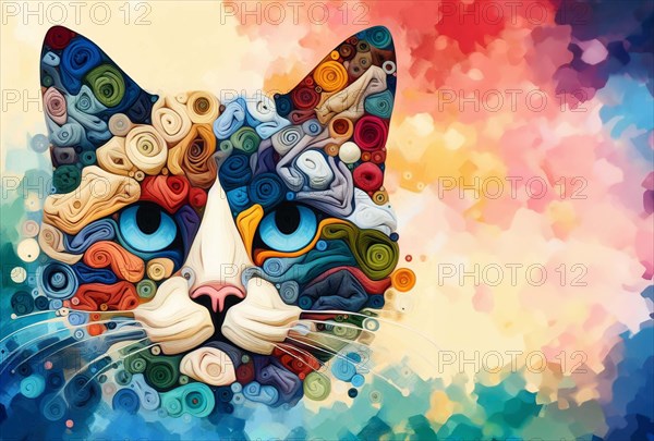 An abstract representation of a cat with colorful swirls and geometric patterns, AI generated