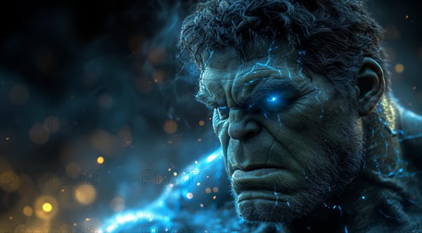 A somber Hulk surrounded by blue energy and sparkling bokeh, AI generated