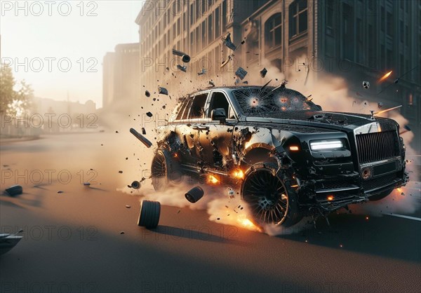 A british luxury SUV full of big caliber bullet holes is airborne amidst a chaotic scene of flying debris on a city street, being targeted and attacked, with parts exploding around it, ai generated, AI generated