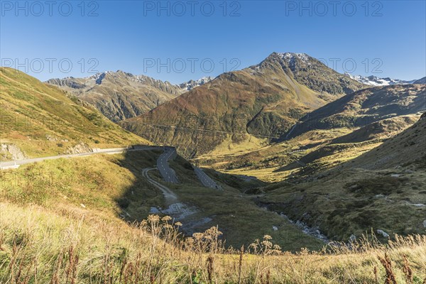Mountain landscape and serpentines of the Oberalp Pass road, Canton Graubuenden, Switzerland, Europe