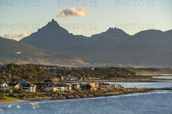 Sunrise over the city of Ushuaia and the Beagle Channel, Tierra del Fuego Island, Patagonia, Argentina, South America