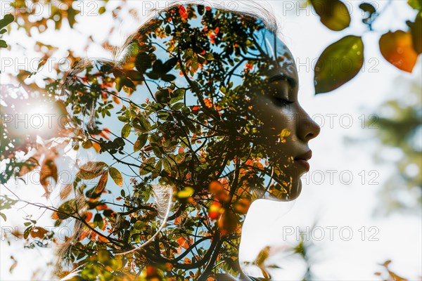 Portrait in double exposure, face and leaves in the light of the sunset, symbolic image for environmentally conscious living, AI generated, AI generated